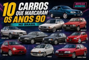 Montagem com carros que marcaram os anos 90 no Brasil, incluindo Gol GTi, Uno Mille, Omega, Santana, Escort XR3, Kadett GSi, Corsa, Ford Ka, Twingo e Tempra Turbo