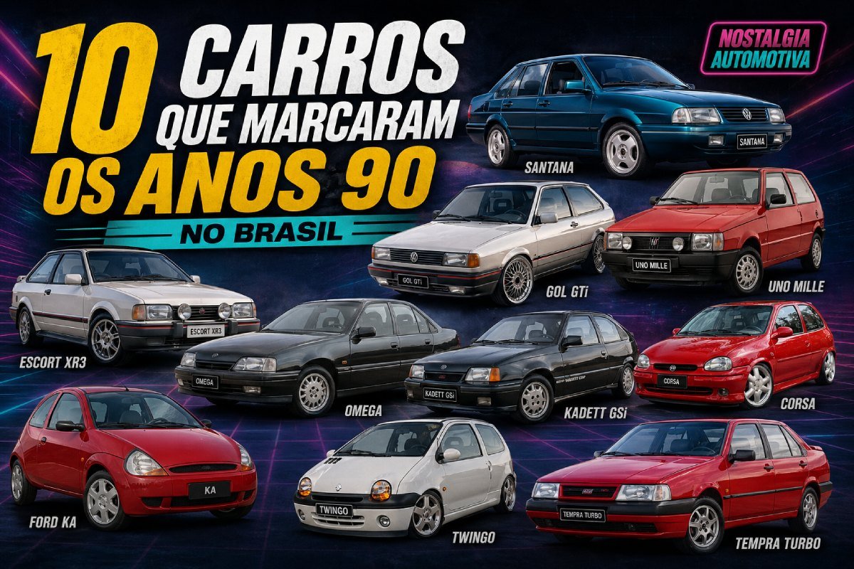 Montagem com carros que marcaram os anos 90 no Brasil, incluindo Gol GTi, Uno Mille, Omega, Santana, Escort XR3, Kadett GSi, Corsa, Ford Ka, Twingo e Tempra Turbo