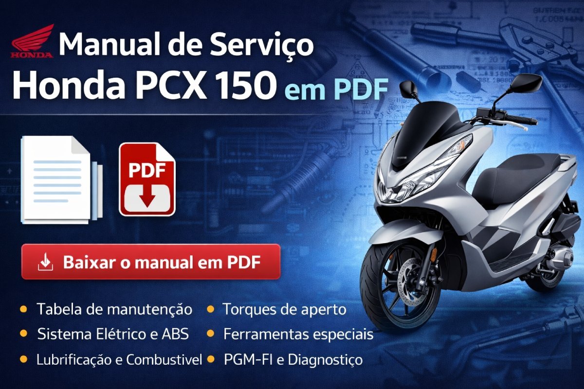 Manual técnico em PDF • Honda • PCX 150 • Oficina • Manutenção • Sistema elétrico Resposta rápida: nesta página você pode visualizar online e baixar o manual de serviço da Honda PCX 150 em PDF. O arquivo é voltado para manutenção, diagnóstico, desmontagem, montagem, torques, sistema elétrico, combustível, motor, quadro e chassi. O manual de serviço da Honda PCX 150 em PDF é muito mais técnico do que um manual do proprietário comum. Ele foi feito para quem precisa consultar procedimentos de oficina, especificações de componentes, torques de aperto, passagem de cabos, diagnóstico do sistema PGM-FI, ABS, lubrificação, sistema de arrefecimento, injeção, partida elétrica e vários outros pontos importantes da scooter. Este tipo de PDF costuma ser muito procurado por mecânicos, oficinas independentes, proprietários mais experientes e também por quem quer entender melhor a estrutura técnica da Honda PCX 150. É um material valioso para consultas rápidas no dia a dia, principalmente quando surge dúvida sobre óleo correto, vela, fusíveis, bateria, filtro de ar, marcha lenta e itens de manutenção periódica. Como esse é um manual de serviço, vale um alerta: vários procedimentos exigem ferramentas especiais, conhecimento técnico e cuidado com segurança. O ideal é usar o PDF como fonte de consulta séria, sem improvisar reparos críticos. Índice do conteúdo Visualizar manual de serviço da PCX 150 Dados técnicos rápidos da Honda PCX 150 O que você encontra neste PDF Download do manual em PDF Perguntas frequentes Visualizar manual de serviço da Honda PCX 150 em PDF Abaixo está o visualizador do manual de serviço da Honda PCX 150. Caso o PDF demore para carregar no celular, use o botão de download mais abaixo para abrir o arquivo diretamente no aparelho. Arquivo incorporado: manual-servico-honda-pcx-150-2019-2022.pdf Importante antes de usar este manual Diferente de um manual do proprietário, este PDF foi pensado para serviço e reparo. Isso significa que vários procedimentos envolvem desmontagem, medição, inspeção, aplicação de torque, uso de ferramentas especiais e verificação de componentes internos. Em outras palavras: ele é excelente para consulta técnica, mas não substitui experiência prática. Em sistemas como freios, ABS, injeção eletrônica, sistema elétrico, válvulas e motor, o ideal é seguir o procedimento exatamente como o manual indica. Dados técnicos rápidos da Honda PCX 150 Para facilitar a vida de quem chegou aqui procurando informação técnica objetiva, abaixo está um resumo com alguns dados importantes que aparecem no manual de serviço da Honda PCX 150. Item Especificação Modelo técnico identificado na capa PCX150/A-K (2019) Tipo de motor 4 tempos, refrigeração líquida, OHC, monocilíndrico, 2 válvulas Cilindrada 149,3 cm³ Marcha lenta 1.700 ± 100 rpm Capacidade do tanque 8,0 litros Óleo do motor após drenagem 0,8 litro Óleo do motor após desmontagem 0,9 litro Óleo recomendado SAE 10W-30, API SL ou superior, JASO MA Líquido de arrefecimento 0,43 litro na substituição / 0,48 litro após desmontagem Vela de ignição NGK MR8K-9 Folga da vela 0,8 a 0,9 mm Pneu dianteiro 100/80-14 M/C 48P Pneu traseiro 120/70-14 M/C 61P Pressão pneu dianteiro 200 kPa Pressão pneu traseiro 225 kPa com piloto / 250 kPa com piloto e passageiro Freios O manual traz variações conforme versão, incluindo disco dianteiro e especificações de freio traseiro por configuração O que você encontra neste manual de serviço Esse PDF é interessante porque não fica só em informações básicas. Ele organiza a manutenção da Honda PCX 150 em áreas técnicas bem específicas, o que ajuda muito na hora de localizar a informação certa. Informações gerais Identificação do modelo, especificações gerais, tabela de manutenção, torques, lista de ferramentas especiais, passagem dos cabos e dados técnicos. Combustível e motor Tubulação, bomba de combustível, filtro, tanque, filtro de ar, corpo de aceleração, injetor, lubrificação, arrefecimento, cabeçote, cilindro, pistão e transmissão. Quadro e chassi Carenagens, componentes estruturais, suspensão, freios, rodas, coluna de direção, assento e itens de montagem e desmontagem da scooter. Sistema elétrico Partida elétrica, bateria, fusíveis, ignição, ECM, sensores, sistema de carga, PGM-FI, Smart Key e diagramas técnicos do sistema elétrico. PGM-FI e autodiagnóstico O manual mostra características do sistema PGM-FI, leitura lógica de falhas e funcionamento da MIL, algo muito útil em diagnóstico eletrônico. ABS e procedimentos técnicos Há conteúdo específico sobre ABS, freios, cálipers, sensores e aplicação de torque, além de observações importantes de montagem. Por que esse PDF é tão procurado? A busca por manual de serviço da PCX 150 costuma acontecer quando o proprietário, mecânico ou eletricista precisa de uma informação que não aparece com clareza em conteúdos genéricos. É o caso de valores de torque, especificação de óleo, tipo de vela, capacidade do sistema, posição de componentes, inspeções, desmontagem e diagramas. Outro ponto importante é que a PCX 150 é uma scooter muito popular. Isso aumenta a procura por respostas rápidas sobre manutenção, principalmente em assuntos como troca de óleo, filtro de ar, bateria, fusíveis, sistema de partida, injeção e itens elétricos. Por isso, além do visualizador e do download, este post já foi estruturado com perguntas frequentes que ajudam tanto o leitor quanto o SEO da página. Download do manual de serviço da Honda PCX 150 em PDF Clique no botão abaixo para baixar o manual de serviço da Honda PCX 150 no celular, tablet ou computador. Baixar manual de serviço em PDF Arquivo técnico para consulta offline. Perguntas frequentes sobre o manual de serviço da PCX 150 1) Este PDF é manual do proprietário ou manual de serviço? Este arquivo é um manual de serviço. Ou seja, ele é voltado para manutenção, desmontagem, inspeção, diagnóstico e reparo, não apenas para orientações básicas de uso da scooter. 2) O manual serve para qual Honda PCX 150? O nome do arquivo enviado cita 2019 a 2022, mas a capa visível do PDF identifica o documento como PCX150/A-K (2019). Na prática, vale sempre comparar versão, código do modelo e componentes antes de aplicar qualquer procedimento. 3) O manual mostra tabela de manutenção da PCX 150? Sim. O PDF traz tabela de manutenção, itens de inspeção, periodicidade e páginas de referência para vários sistemas da scooter. 4) Quanto vai de óleo no motor da Honda PCX 150? Segundo o manual técnico, entram 0,8 litro após a drenagem e 0,9 litro após desmontagem. 5) Qual óleo o manual recomenda para a PCX 150? O manual recomenda SAE 10W-30, padrão API SL ou superior e JASO MA. Ele também cita a utilização do óleo genuíno Honda. 6) Qual é a vela de ignição da Honda PCX 150? A especificação mostrada no manual é a NGK MR8K-9, com folga de 0,8 a 0,9 mm. 7) O manual informa a pressão dos pneus da PCX 150? Sim. O PDF traz medidas dos pneus e também a pressão de calibração a frio, incluindo valores para uso com piloto e com carga maior. 8) Onde ficam bateria e fusíveis da Honda PCX 150? O manual mostra a localização dos componentes, inclusive bateria, caixa de fusíveis, relés e vários elementos do sistema elétrico, além dos procedimentos de inspeção e substituição. 9) O PDF tem torques de aperto? Tem sim. Esse é um dos pontos mais valiosos do manual. O arquivo traz torques de aperto padrão e também torques específicos para diversos conjuntos e fixadores. 10) O manual aborda sistema PGM-FI e diagnóstico? Sim. Há conteúdo sobre PGM-FI, funcionamento da MIL, lógica de autodiagnóstico e leitura técnica do sistema. 11) O manual mostra ABS e sistema elétrico? Sim. O PDF tem conteúdo específico sobre ABS, além de uma seção inteira dedicada ao sistema elétrico, incluindo partida elétrica, bateria, ECM, sensores e diagramas técnicos. 12) Vale a pena baixar esse manual mesmo sem ser mecânico? Vale principalmente para consulta. Mesmo quem não faz o serviço por conta própria pode usar o PDF para entender melhor a scooter, conferir peças, acompanhar diagnósticos e conversar com mais segurança com a oficina. Observação importante: para manter precisão editorial, o texto acima considera o nome do arquivo enviado e também a identificação visível na capa do PDF. Se você quiser, depois pode ajustar o título final no WordPress conforme a versão exata que deseja segmentar. Se a URL final do PDF no WordPress ficar diferente, basta alterar o endereço do iframe e do botão de download.