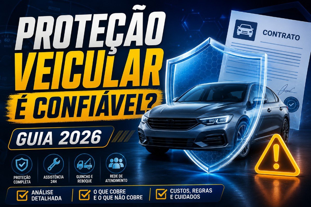 Proteção veicular é confiável com carro moderno, escudo de proteção, contrato e alerta de cuidados antes de contratar