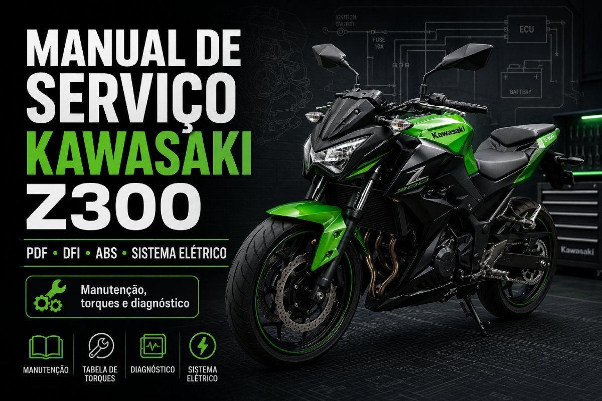 Manual de serviço Kawasaki Z300 e Z300 ABS PDF com moto naked e elementos técnicos
