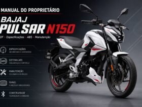 Manual do proprietário Bajaj Pulsar N150 PDF com moto vermelha e painel digital