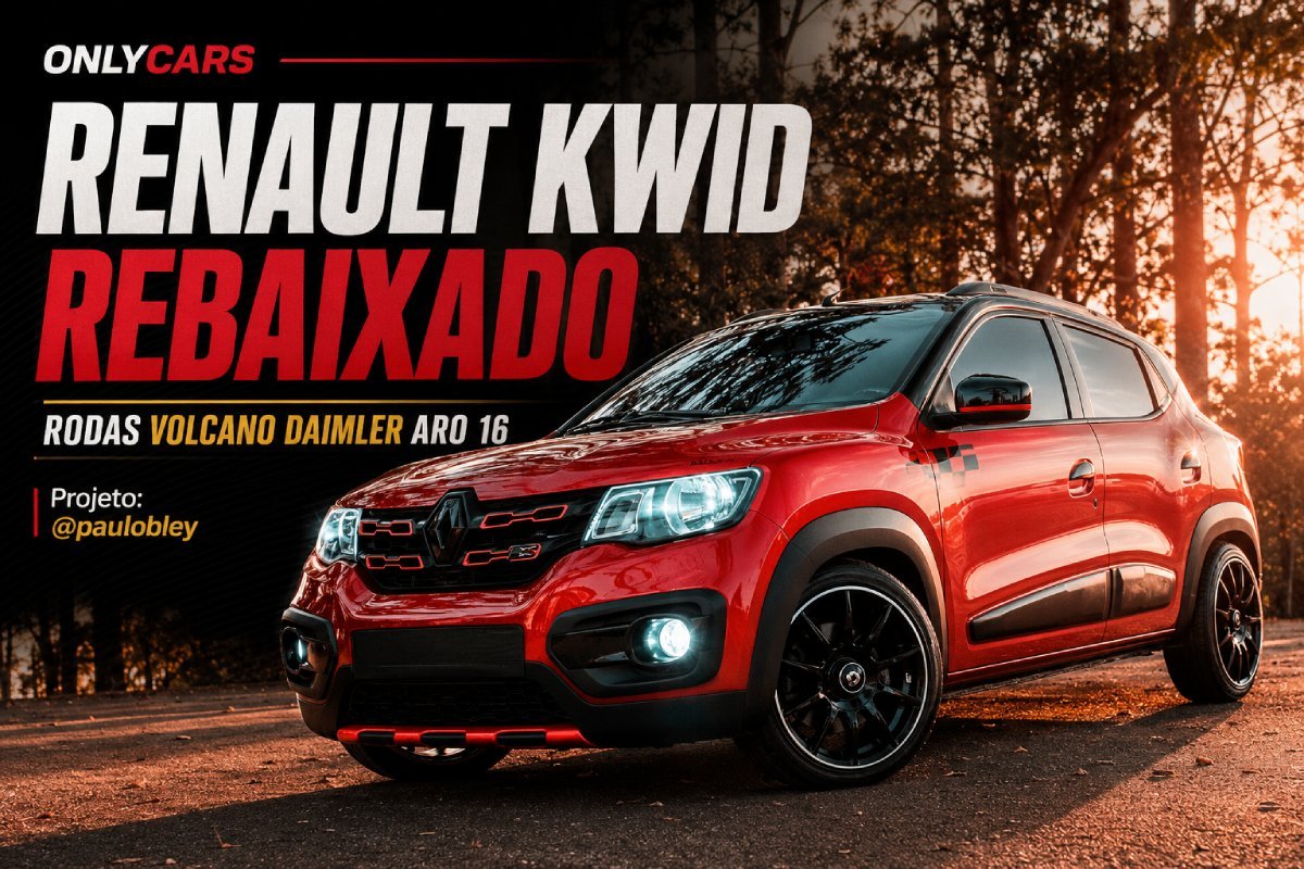 Renault Kwid rebaixado vermelho com rodas Volcano Daimler aro 16