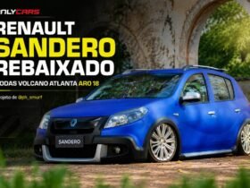 Renault Sandero rebaixado azul com rodas Volcano Atlanta aro 18