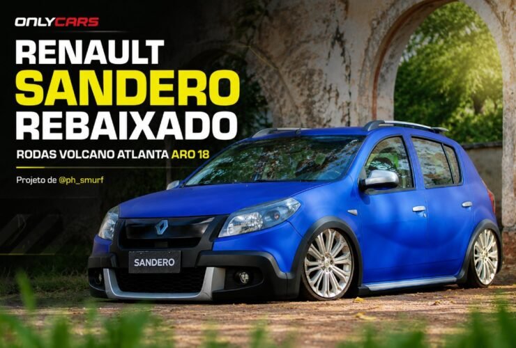 Renault Sandero rebaixado azul com rodas Volcano Atlanta aro 18