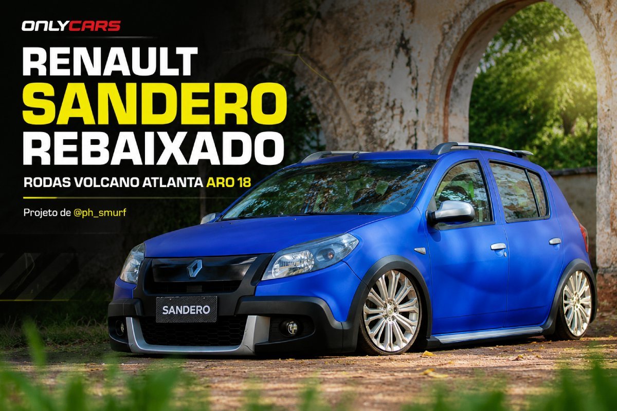 Renault Sandero rebaixado azul com rodas Volcano Atlanta aro 18