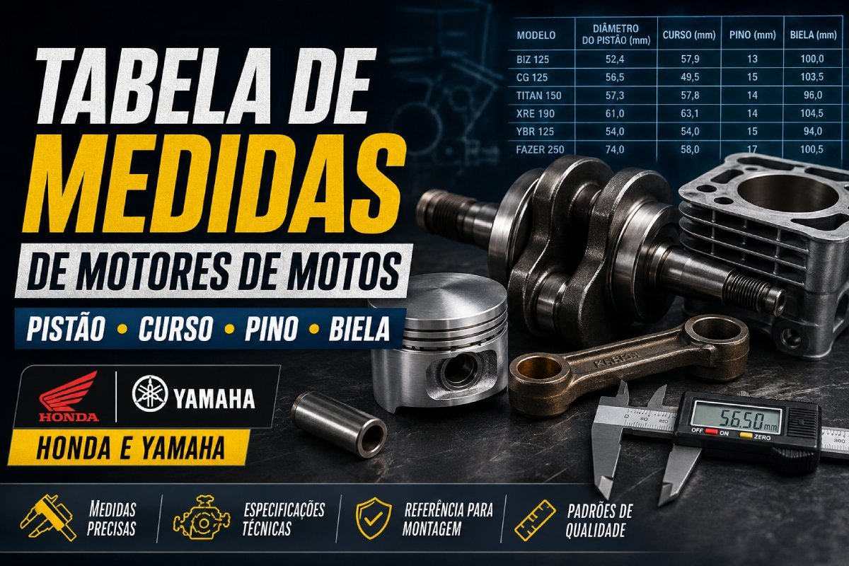 Tabela de medidas de motores de motos com pistão, curso, pino e biela