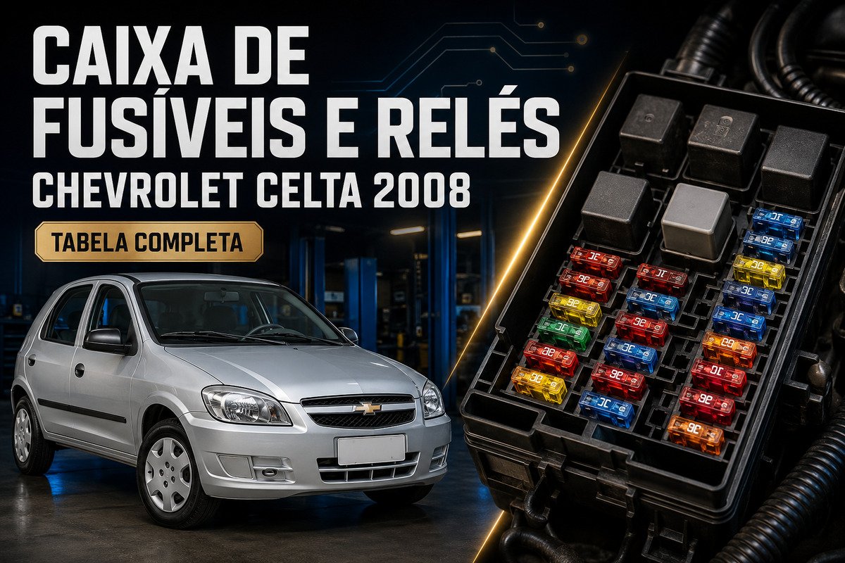 Caixa de fusíveis e relés do Chevrolet Celta 2008 com tabela completa