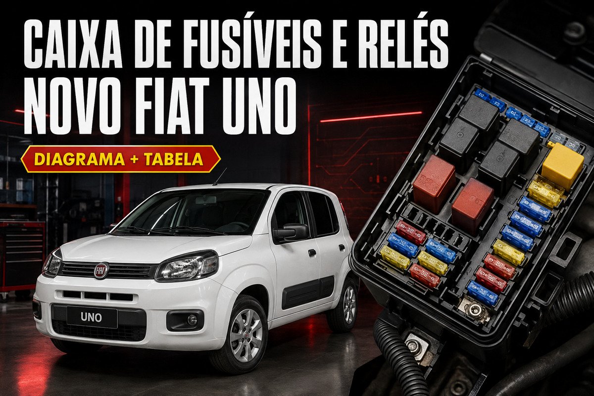 Caixa de fusíveis e relés do Novo Fiat Uno com diagrama e tabela