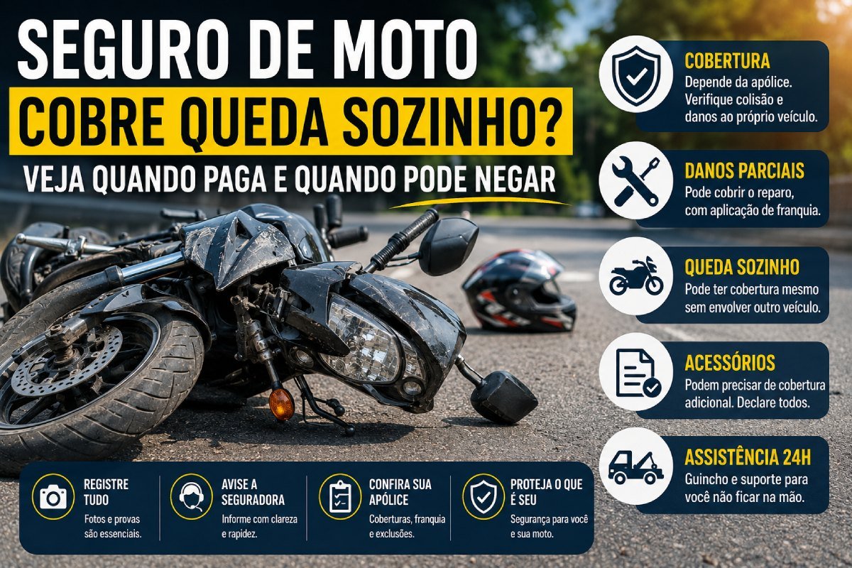 Seguro de moto cobre queda sozinho e danos na motocicleta