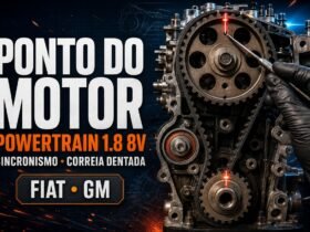 Ponto e sincronismo do motor Powertrain 1.8 8V Fiat e GM com correia dentada e marcas de alinhamento