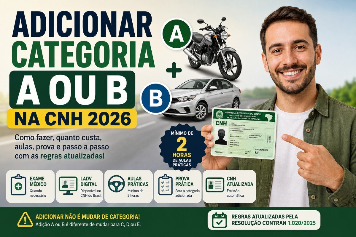 Adicionar categoria A ou B na CNH 2026: quanto custa, aulas, prova e passo a passo