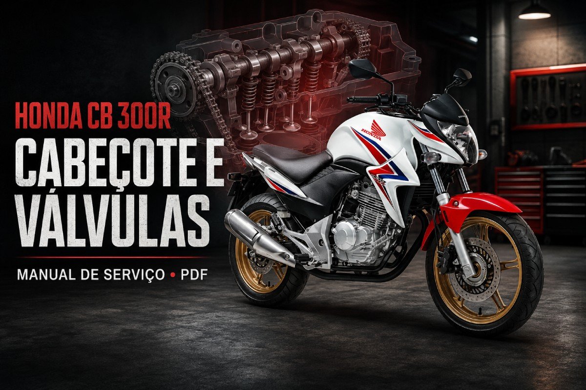 Honda CB 300R branca em oficina com cabeçote, árvores de comando e válvulas em destaque