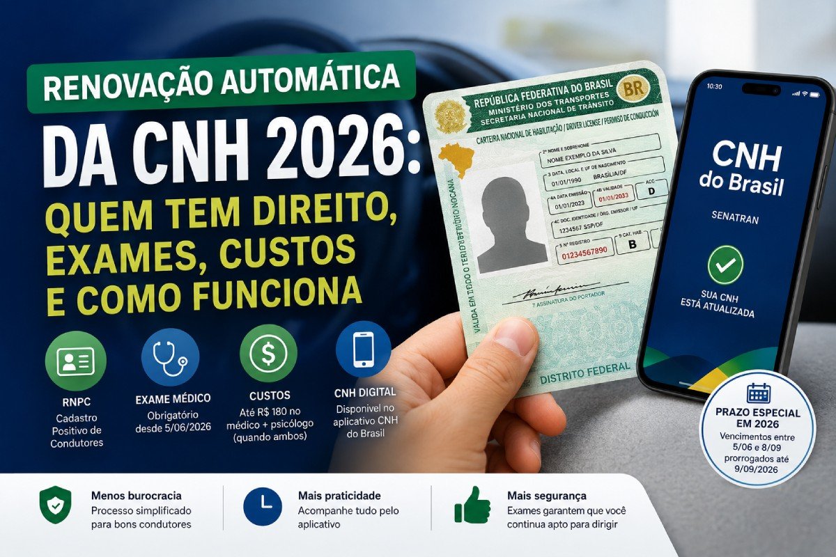 Renovação automática da CNH 2026: quem tem direito, exames e custos