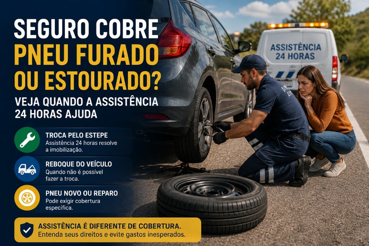 Seguro cobre pneu furado ou estourado e assistência 24 horas