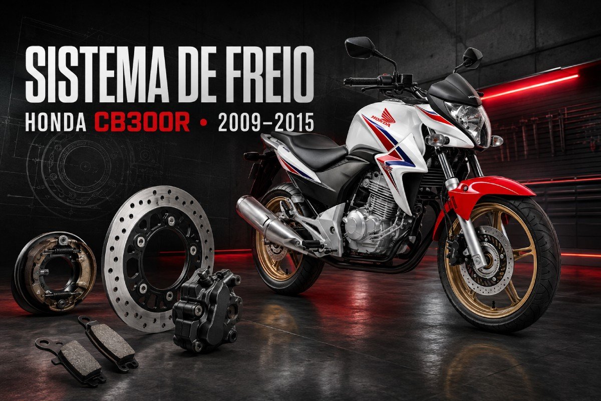 Sistema de freio da Honda CB300R com disco, cáliper, pastilhas e tambor traseiro