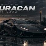 Lamborghini Huracan rebaixada preta com rodas esportivas em piso molhado