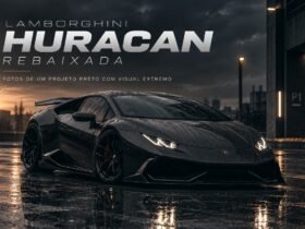 Lamborghini Huracan rebaixada preta com rodas esportivas em piso molhado