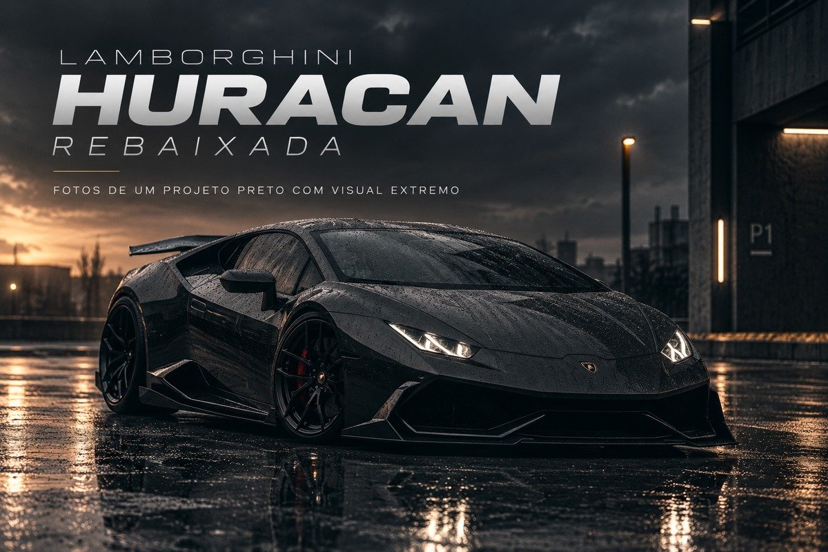Lamborghini Huracan rebaixada preta com rodas esportivas em piso molhado