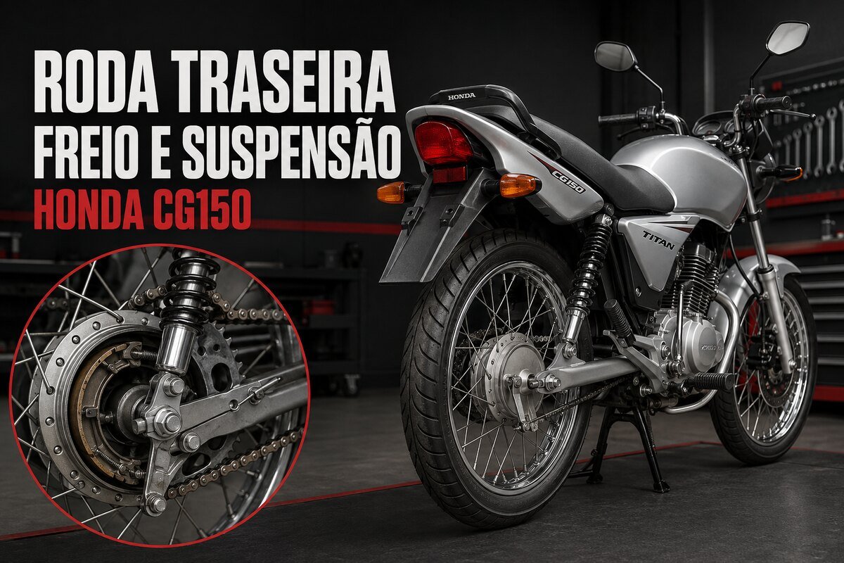 Roda traseira, freio a tambor e suspensão da Honda CG150 Tita
