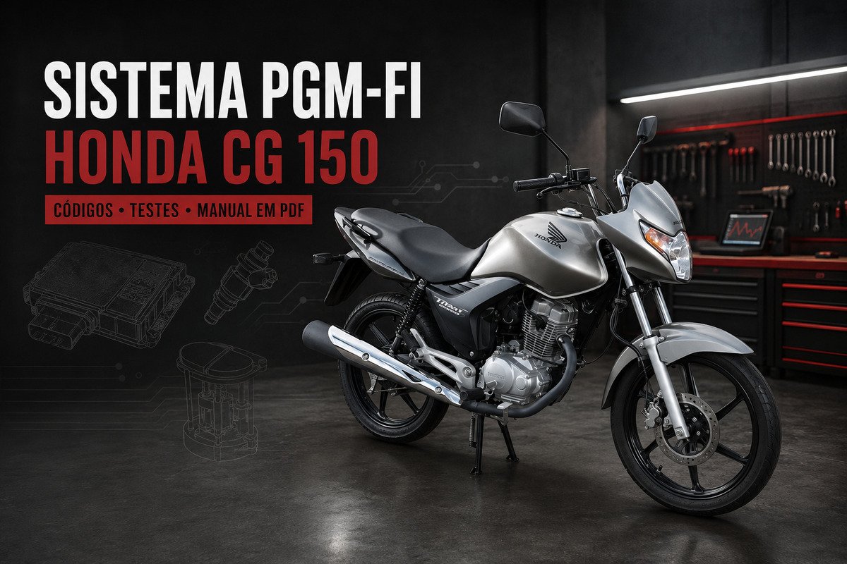 Honda CG 150 Titan prateada em capa sobre o sistema PGM-FI