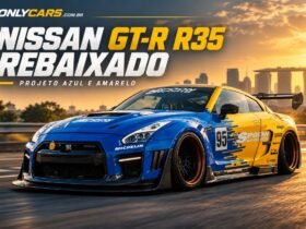 Nissan GT-R R35 rebaixado azul e amarelo com widebody e aerofólio
