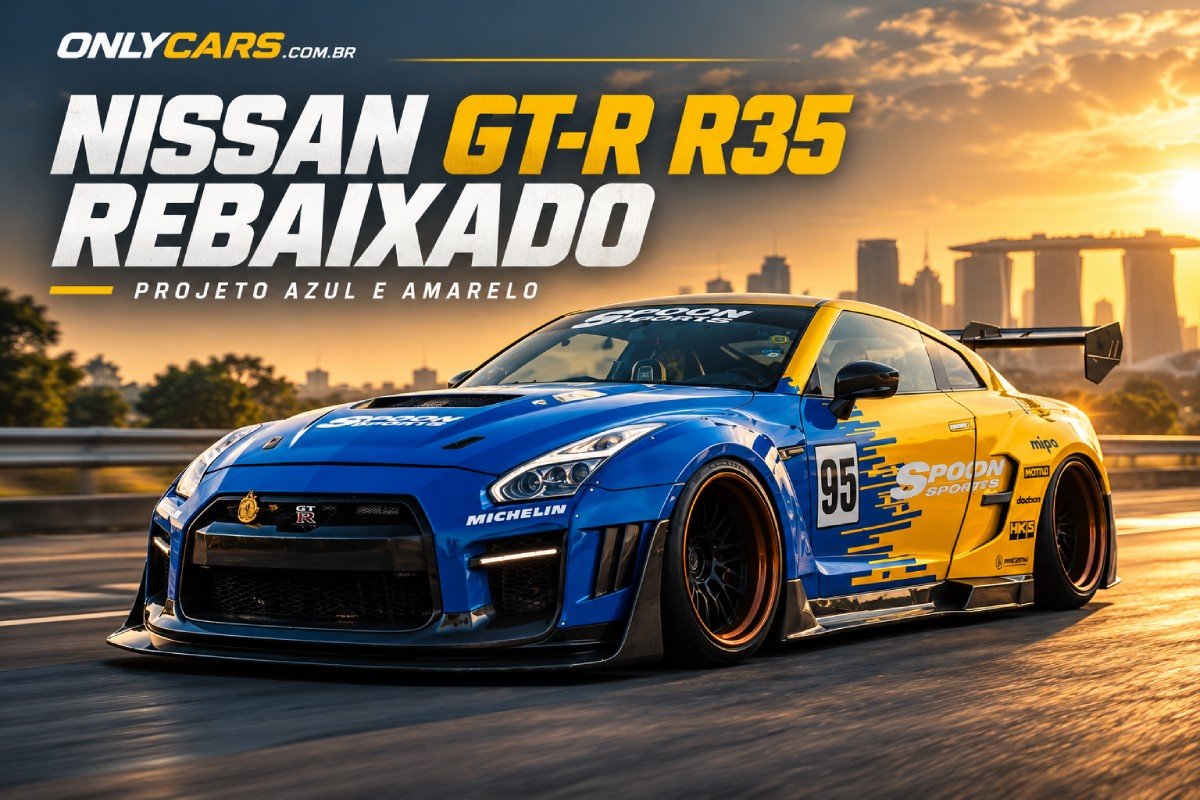 Nissan GT-R R35 rebaixado azul e amarelo com widebody e aerofólio