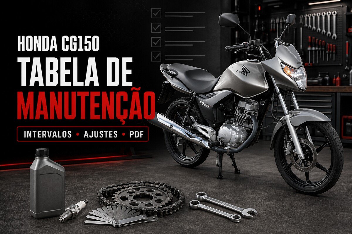 Honda CG150 Titan em oficina com óleo, vela, corrente e ferramentas de manutenção