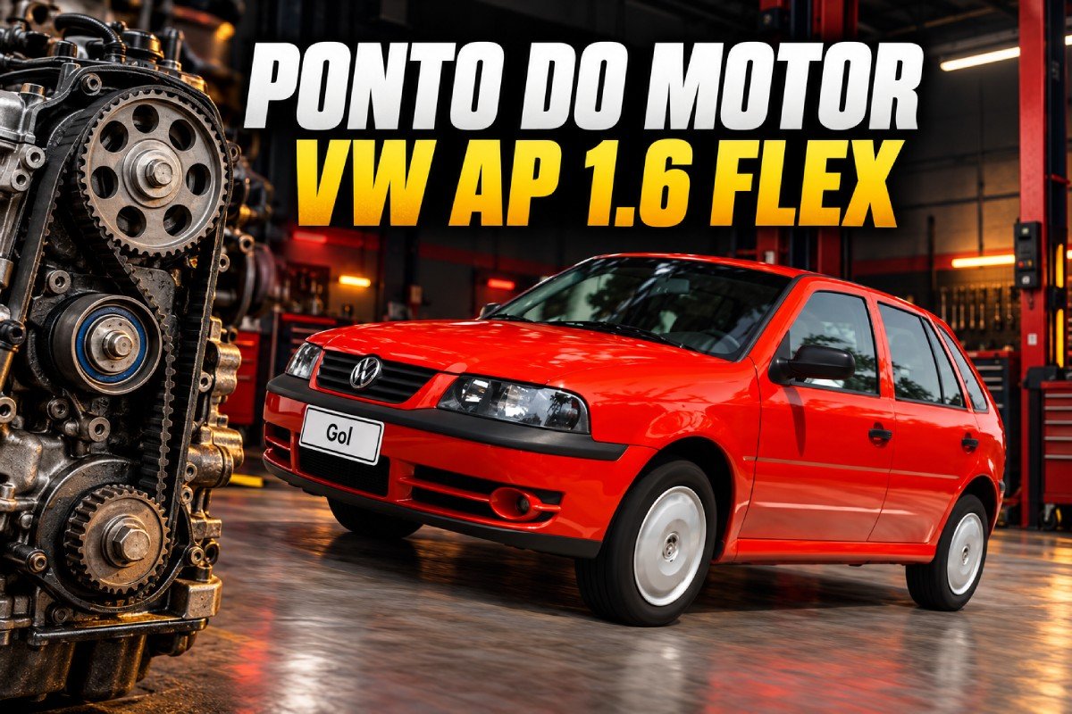 Volkswagen Gol vermelho ao lado da correia dentada do motor VW AP 1.6 Total Flex 8V
