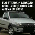 Imagem quadrada com texto destacando Fiat Strada 1ª geração (2000–2008): ainda vale a pena em 2025? Picape prata ao fundo.