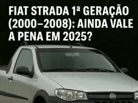 Imagem quadrada com texto destacando Fiat Strada 1ª geração (2000–2008): ainda vale a pena em 2025? Picape prata ao fundo.