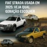 Comparativo visual das gerações da Fiat Strada com destaque para versões 1ª, 2ª e nova geração até 2025.