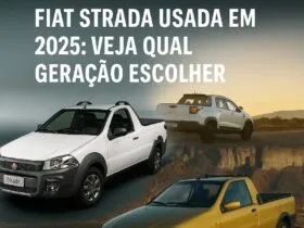 Comparativo visual das gerações da Fiat Strada com destaque para versões 1ª, 2ª e nova geração até 2025.