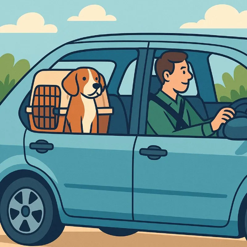 Ilustração de transporte pet com motorista em 2025 Ilustração de motorista transportando cachorro com segurança em caixa de transporte