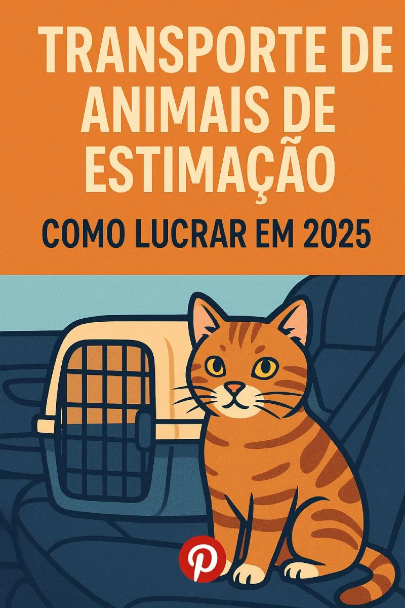 Pinterest com chamada para transporte de pets Pin vertical com gato dentro da caixa e chamada sobre lucrar com transporte pet em 2025