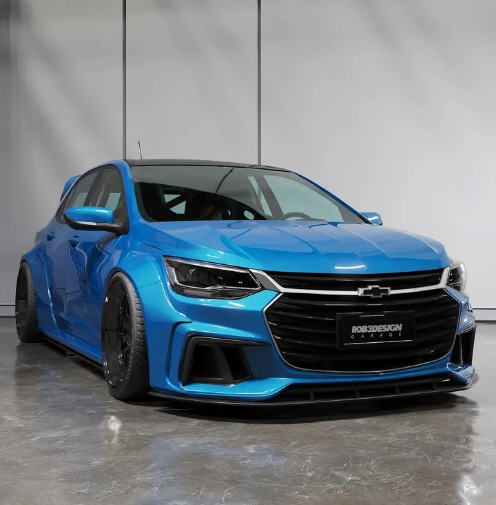 Projeto conceitual 3D do Onix rebaixado Onix azul com bodykit e visual arrojado