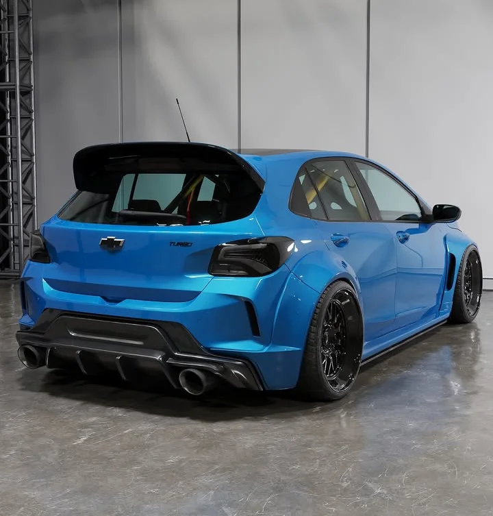 Projeto 3D do Onix com suspensão rebaixada extrema Chevrolet Onix azul com rodas grandes