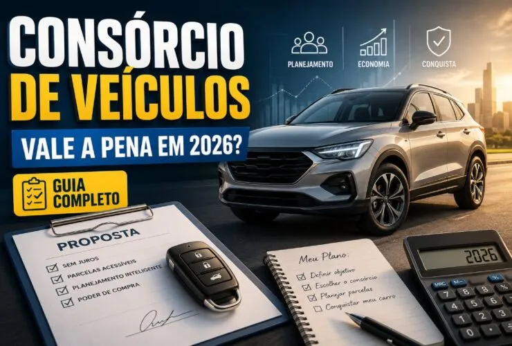 Consórcio de veículos 2026 com carro, contrato e chave sobre mesa