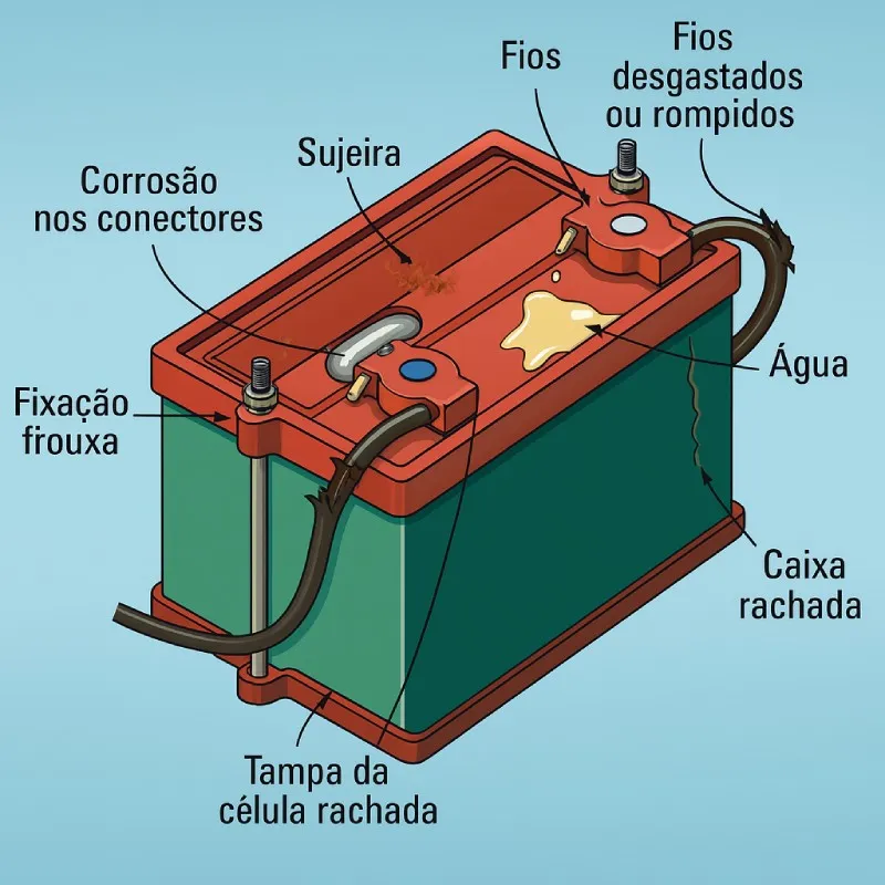 Desenho técnico mostrando problemas em bateria de carro: fios rompidos, sujeira, corrosão e rachaduras