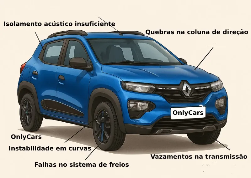 Renault Kwid com setas indicando os defeitos mais comuns como isolamento acústico e vazamento