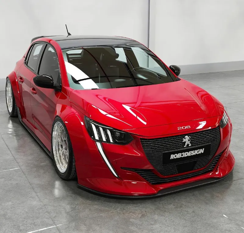Peugeot 208 stance — projeto 3D por @rob3rtdesign Peugeot 208 vermelho rebaixado em perspectiva 3/4