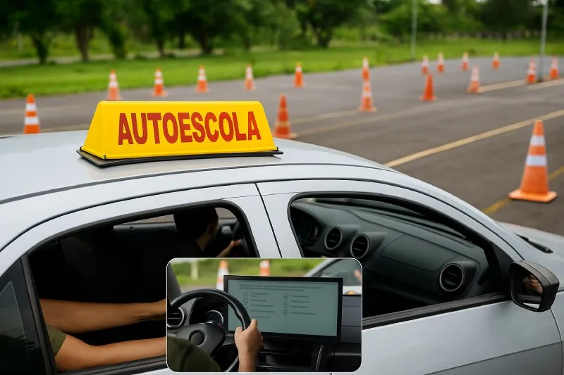 Aula de direção na autoescola e exame prático do DETRAN com baliza e checklist do examinador