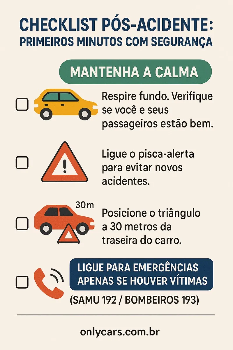 Checklist visual dos primeiros minutos após acidente: pisca-alerta, triângulo a 30 metros, checar vítimas e acionar emergência