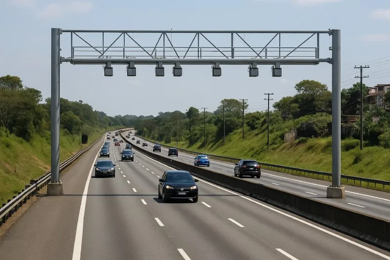 Pedágio Free Flow em São Paulo - carros passando pelo pórtico eletrônico Carros passando por pórtico eletrônico de pedágio free flow em rodovia paulista