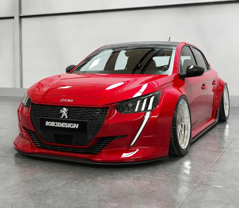 Peugeot 208 vermelho rebaixado — bodykit completo (projeto 3D) Peugeot 208 vermelho rebaixado com bodykit completo em projeto 3D