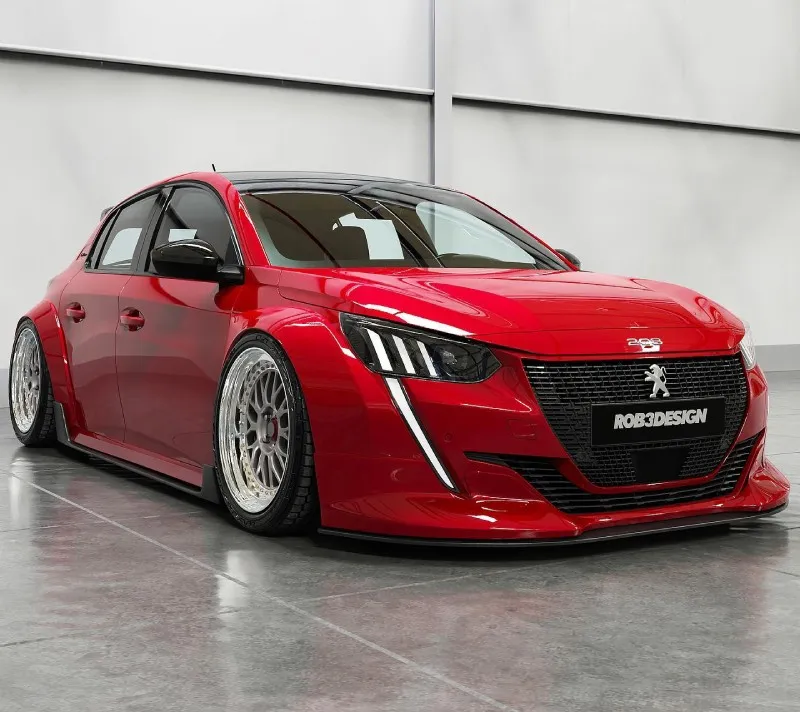 Peugeot 208 rebaixado — frente com DRL em destaque Frente do Peugeot 208 vermelho rebaixado com grade preta e DRL vertical