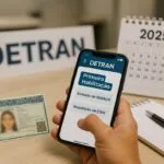 Primeira habilitação 2025: estudante na autoescola com app do DETRAN, CNH e calendário sobre a mesa.