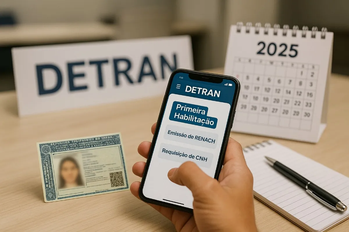 Primeira habilitação 2025: estudante na autoescola com app do DETRAN, CNH e calendário sobre a mesa.