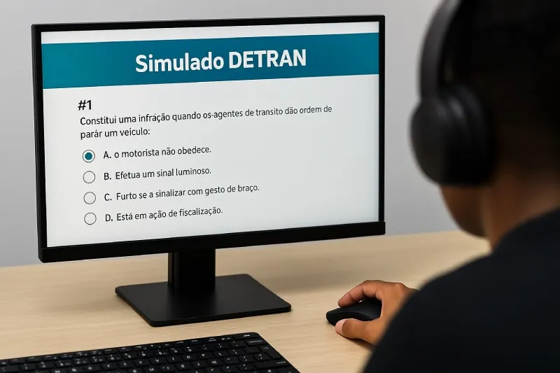 Prova teórica do DETRAN realizada no computador com questões de legislação, direção defensiva e primeiros socorros
