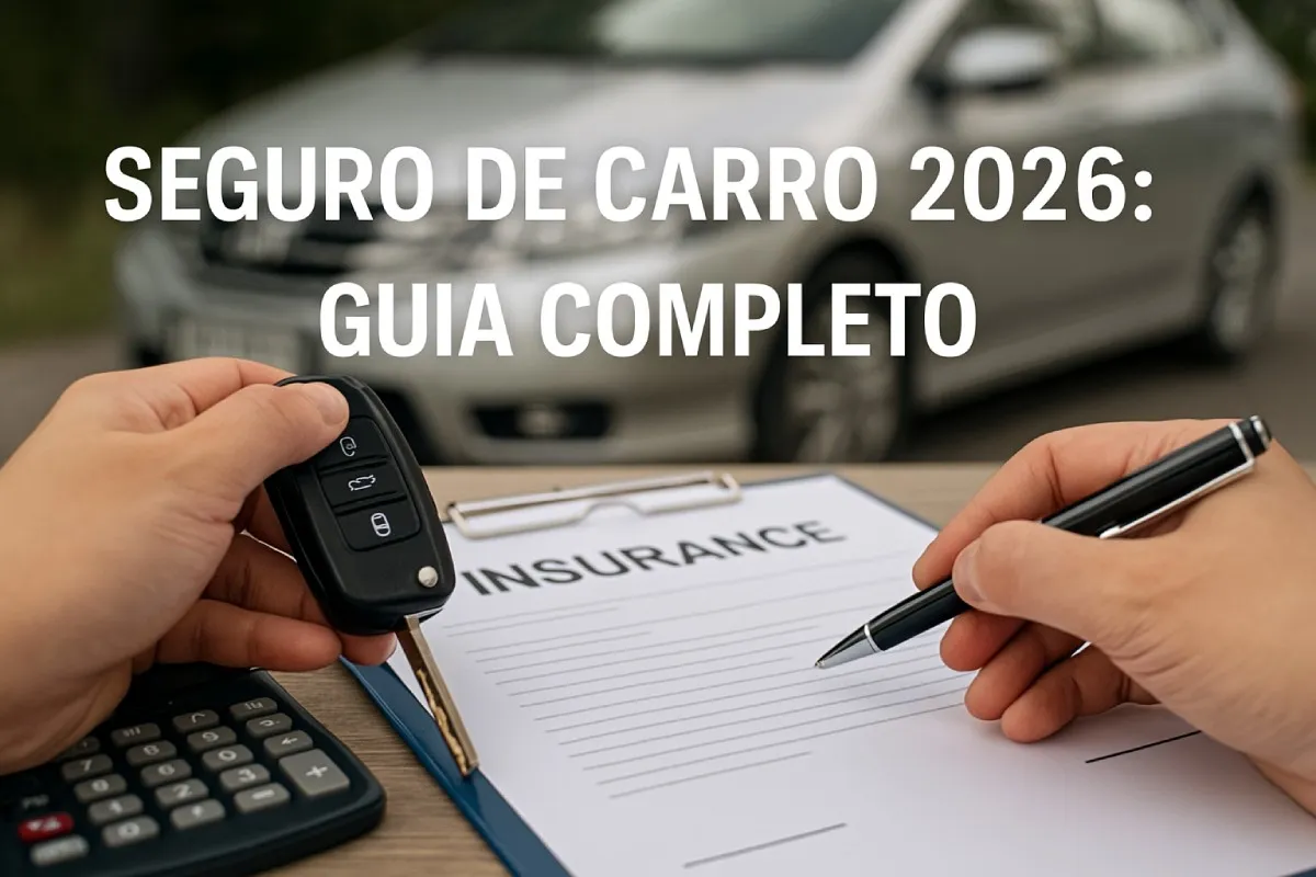 Imagem realista de contrato de seguro de carro, chaves, dinheiro e calculadora — guia completo do seguro de carro 2026.